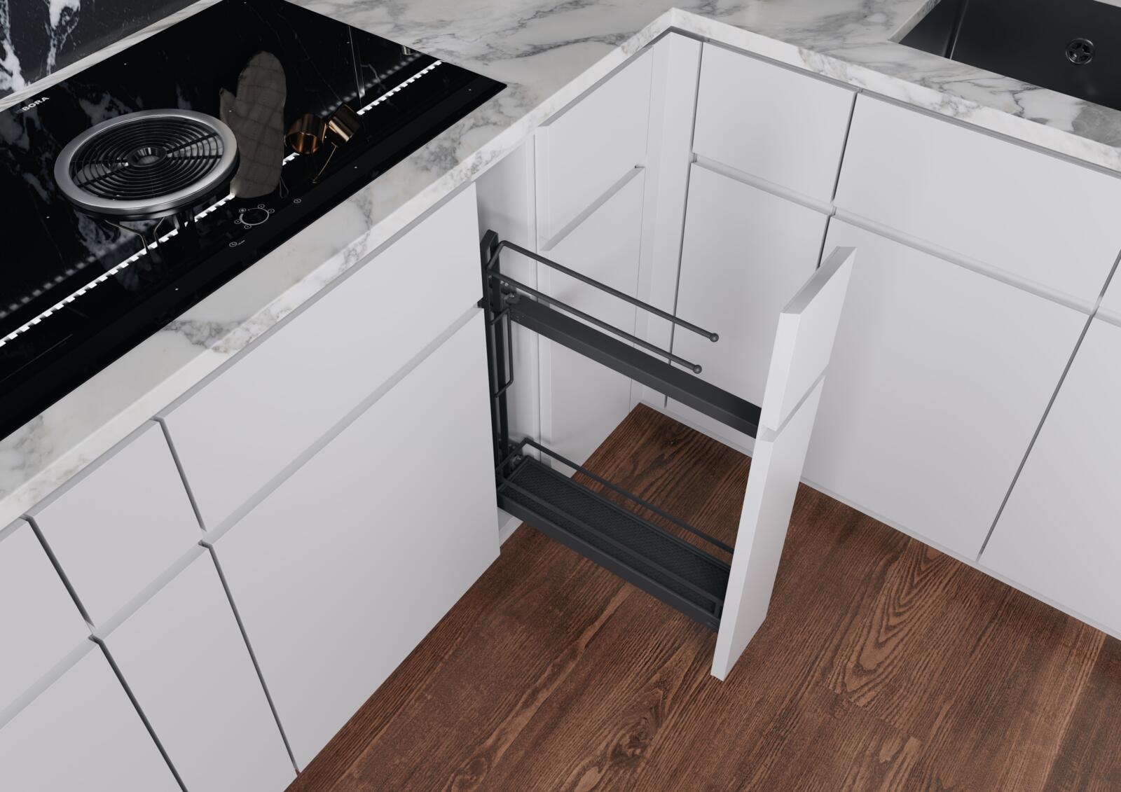 Under-counter storage in the cooking zone