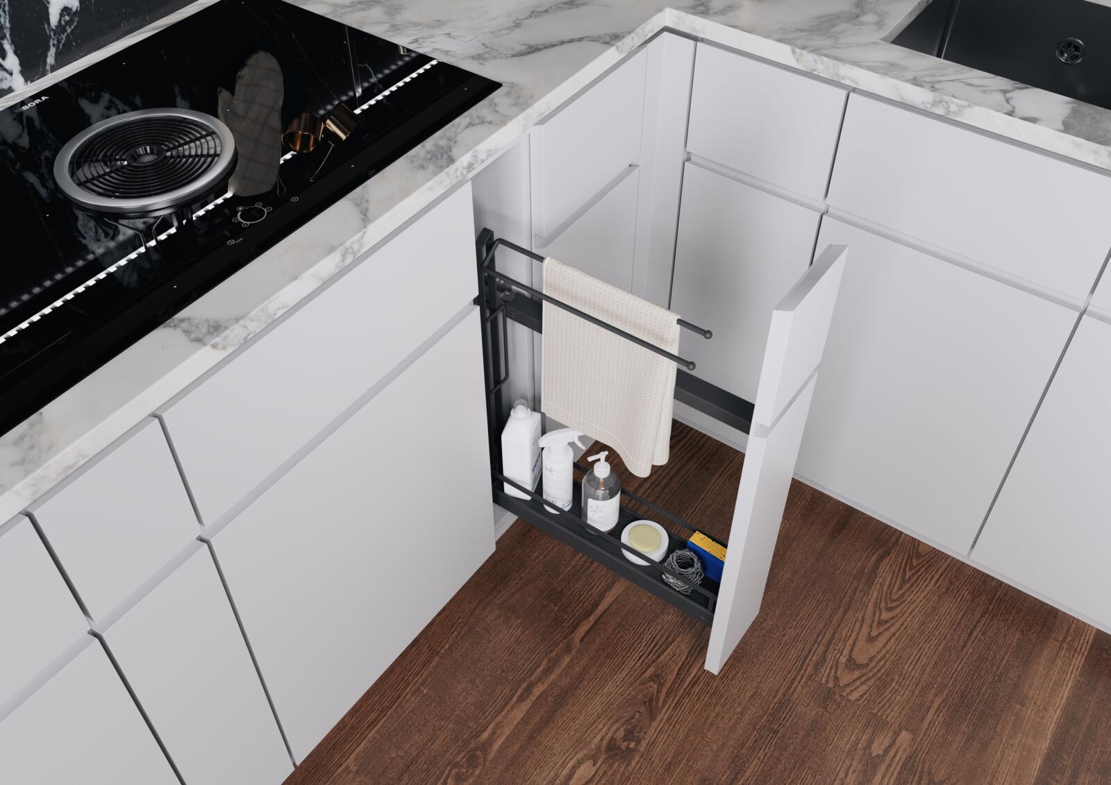 Under-counter storage in the cooking zone