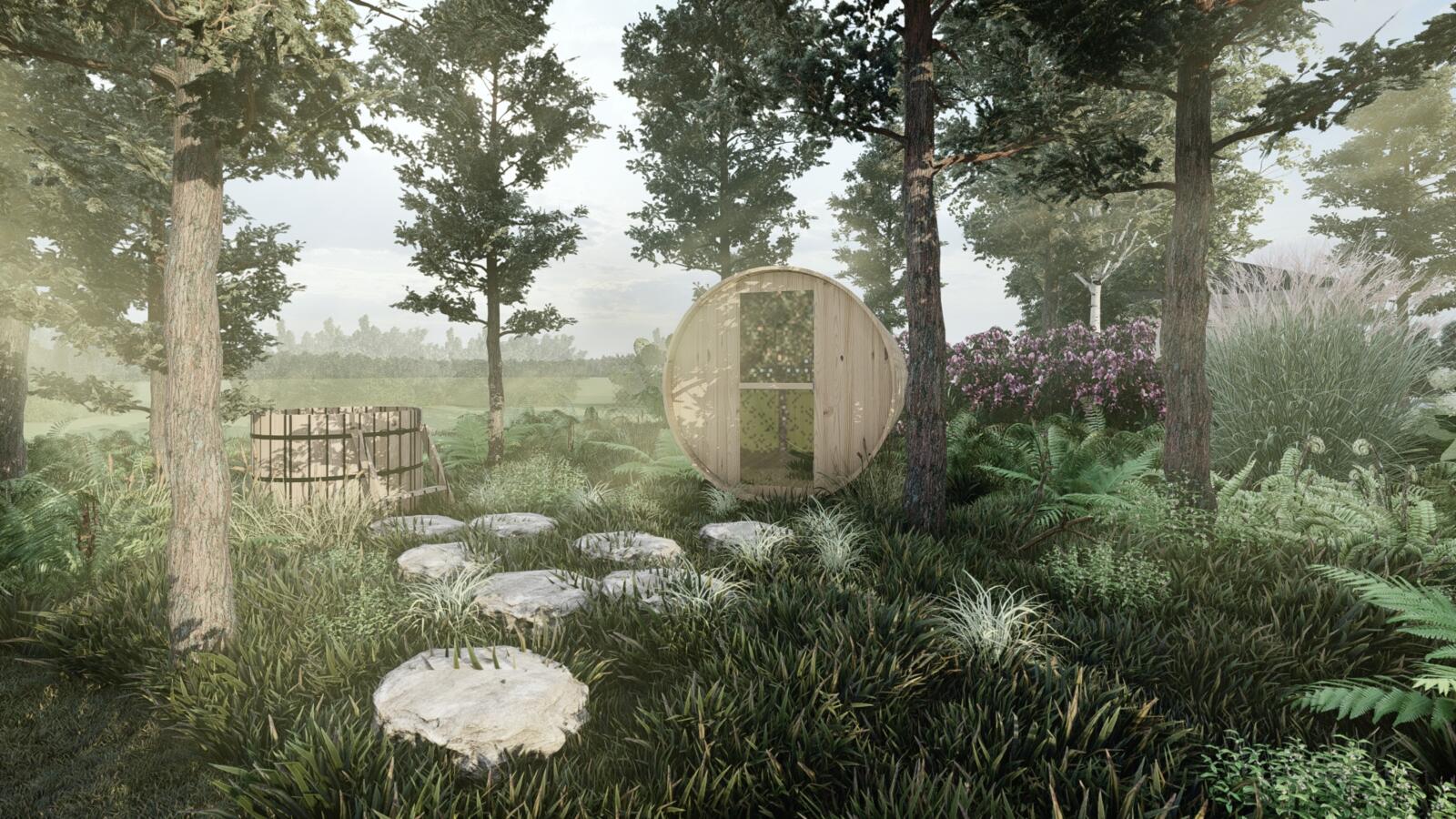 PROJEKT OGRODU w PUSZCZY BIAŁOWIESKIEJ - NOWOCZESNOŚĆ i NATURA - basen, altana z letnią kuchnią