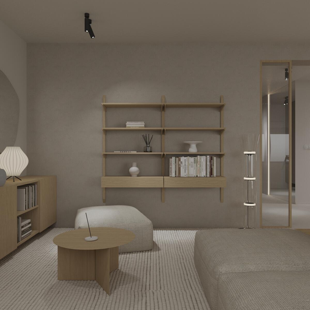 Wizualizacje salonu w stylu Japandi - wersja 2