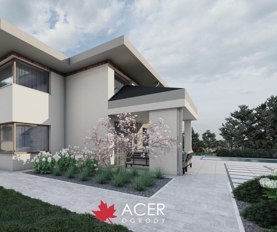 PROJEKT OGRODU w PUSZCZY BIAŁOWIESKIEJ - NOWOCZESNOŚĆ i NATURA - basen, altana z letnią kuchnią