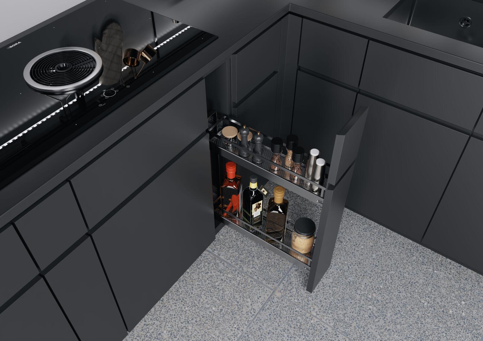 Under-counter storage in the cooking zone