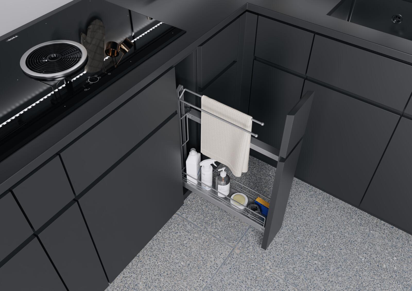 Under-counter storage in the cooking zone
