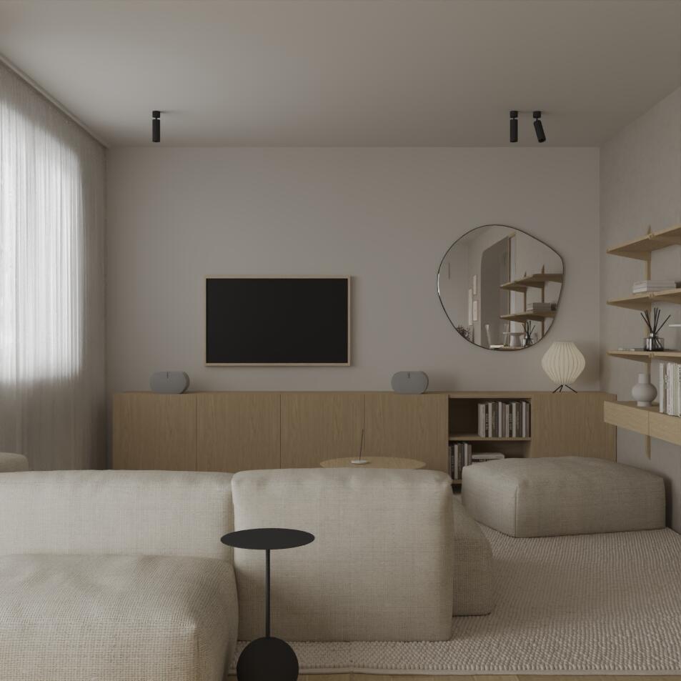 Wizualizacje salonu w stylu Japandi - wersja 2