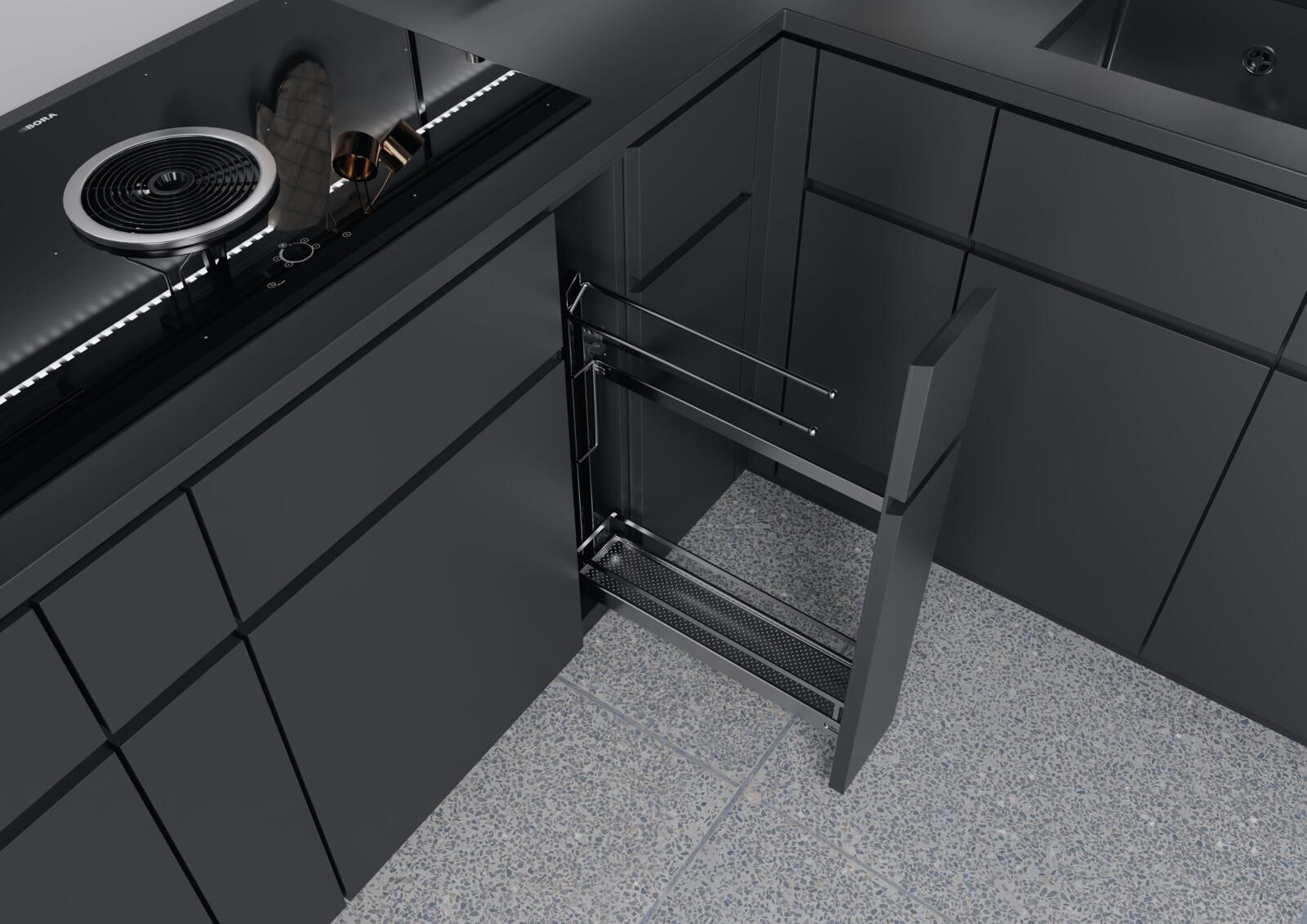 Under-counter storage in the cooking zone