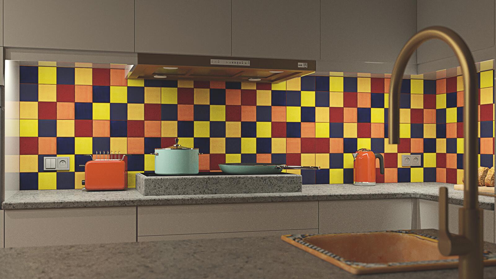 A detailed shot of the wall above the countertop in...