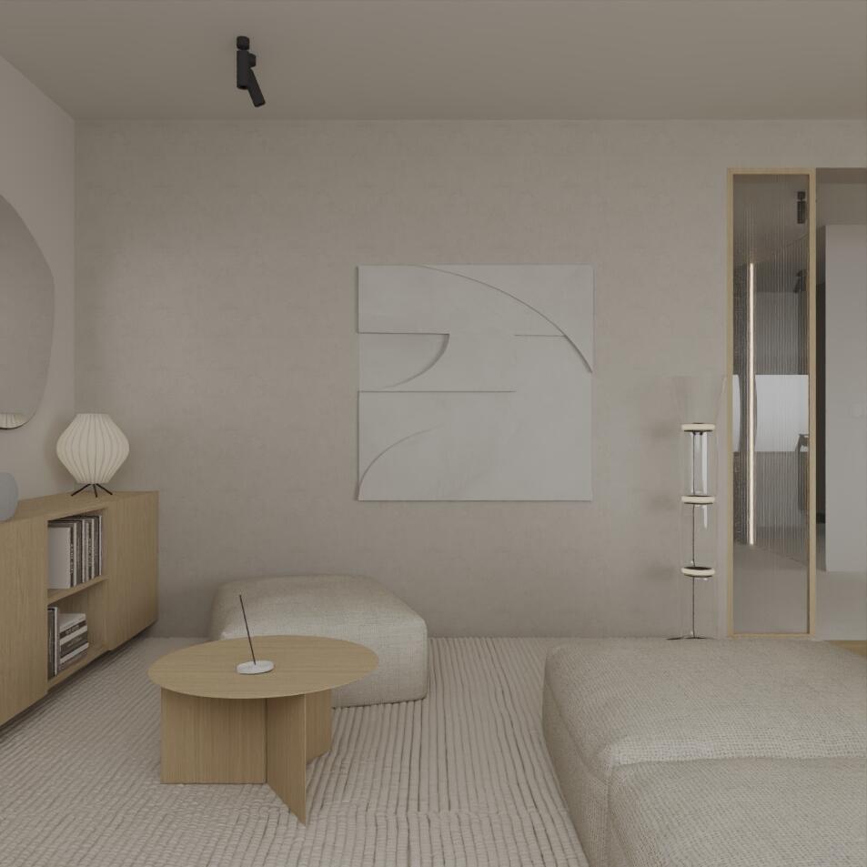 Wizualizacje salonu w stylu Japandi - wersja 2